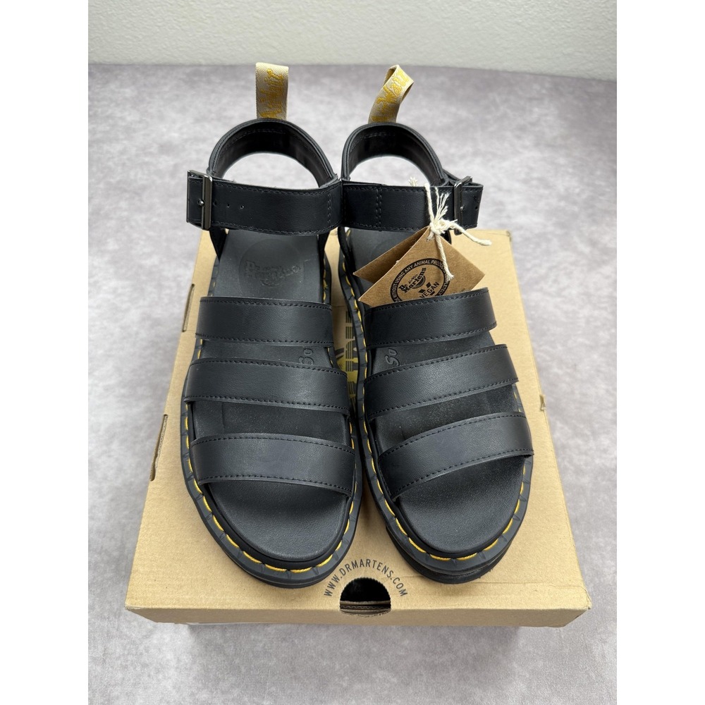 Dr. Martens Black Leather Fisherman Sandals with Yellow Stitching